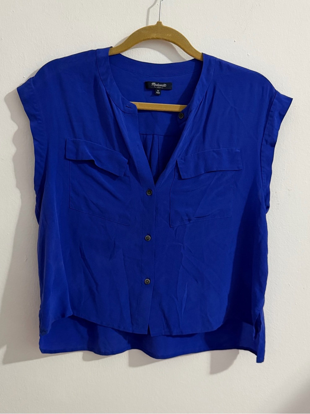 Madewell Blue Cap Sleeve Button Front Silk Blouse Size Medium